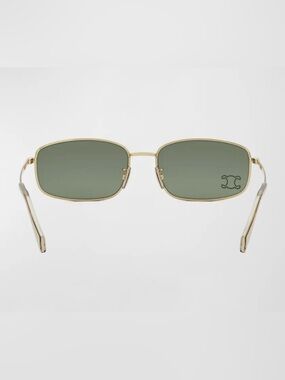 Celine Embellished Triomphe Metal Rectangle Sunglasses with Dark Green Lenses